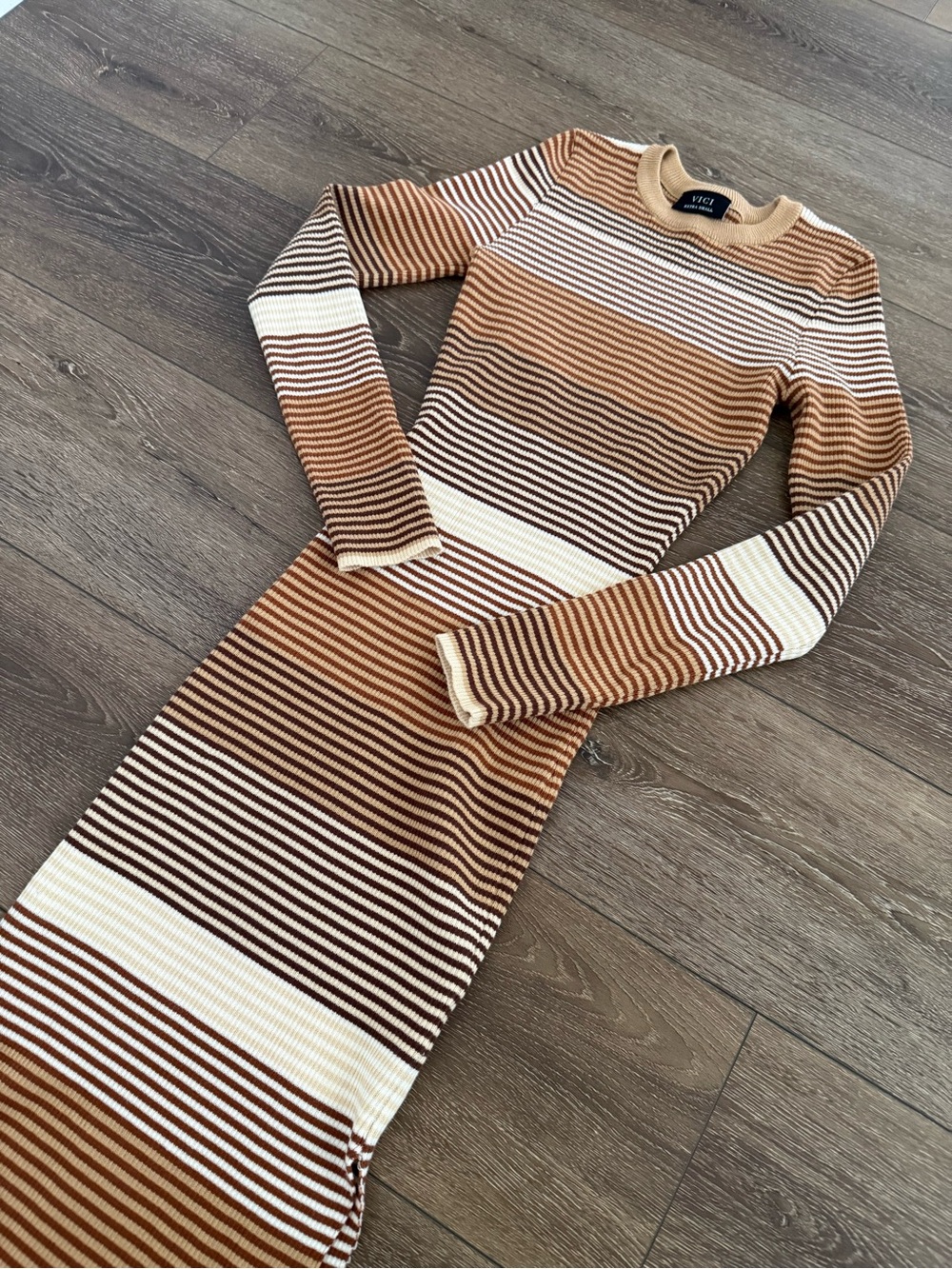 VICI Brown and Cream Striped Midi Dress